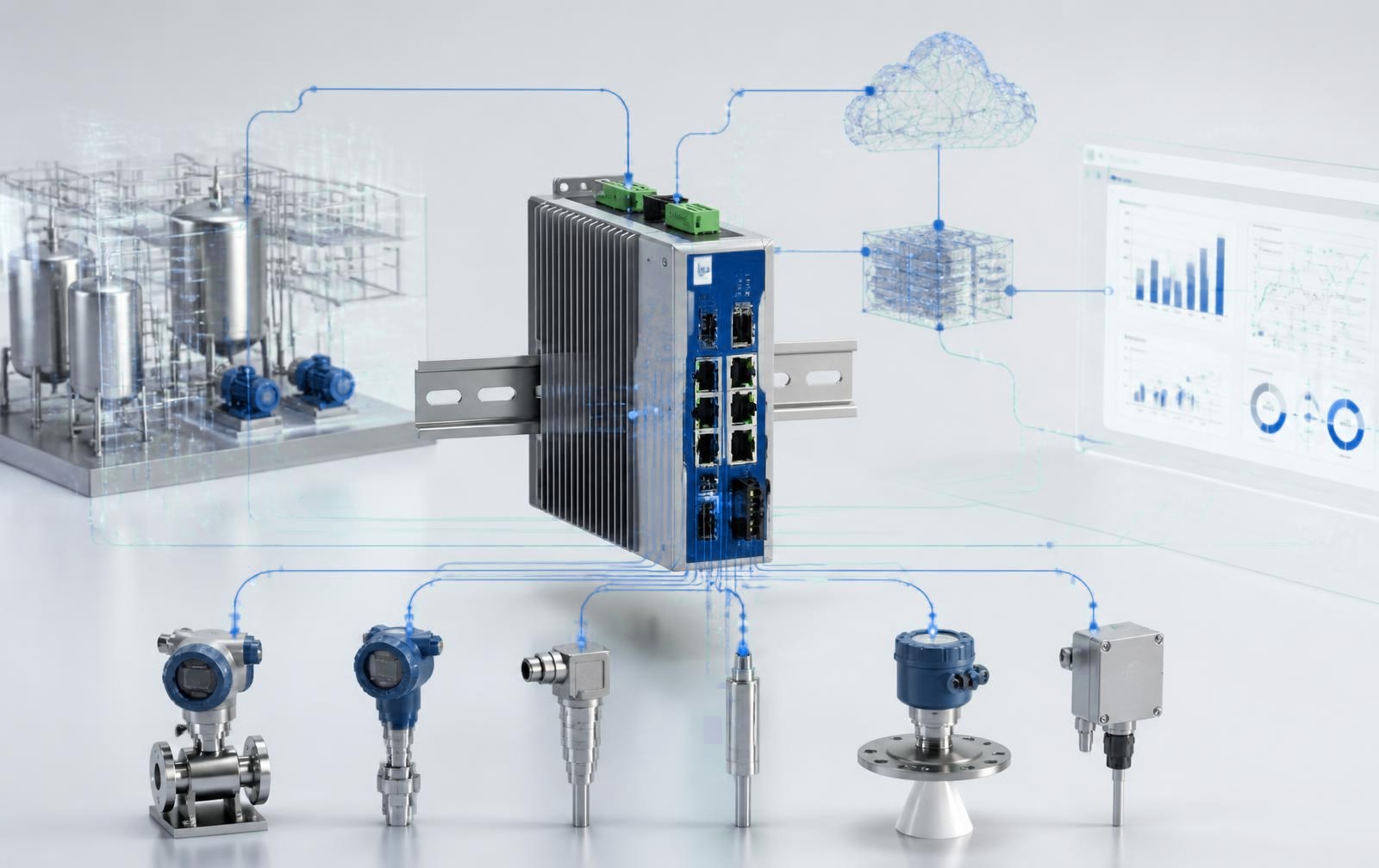 IIoT-Gateway mit Prozesssensorik und dargestellter Netzwerktopologie zur Digitalisierung