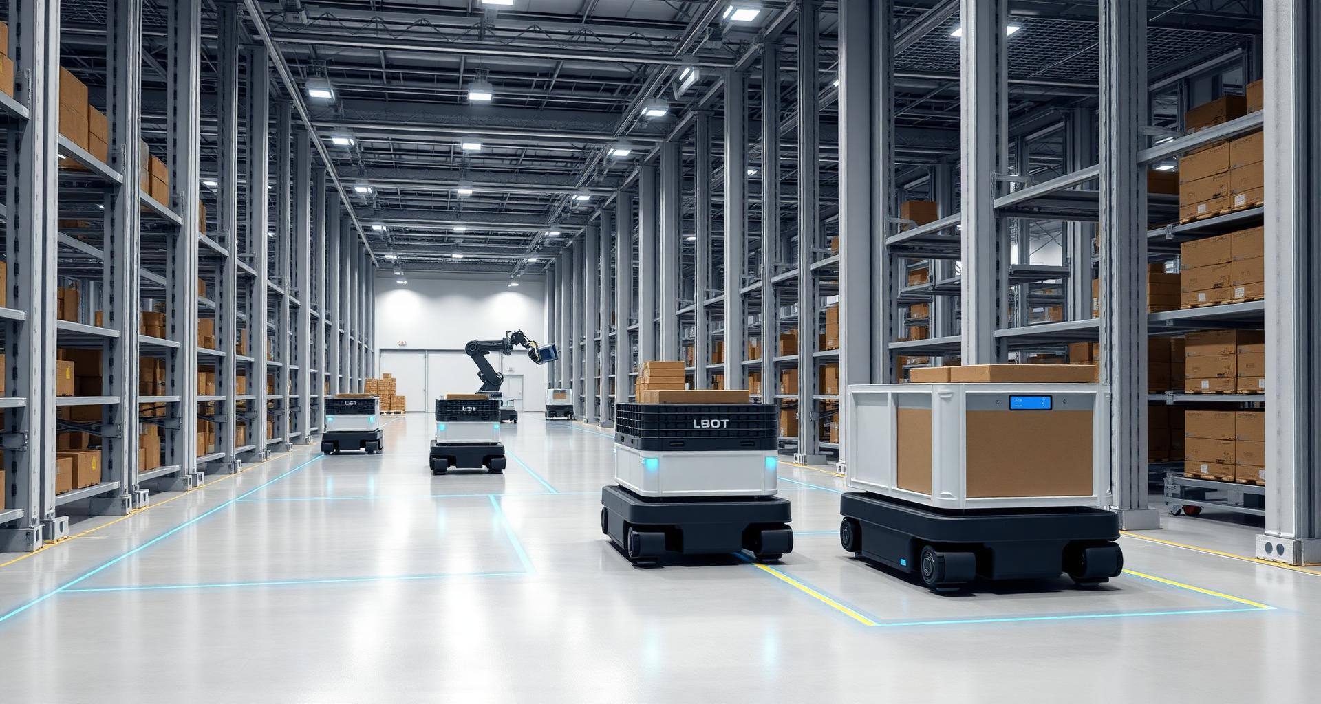 Autonome mobile Logistikroboter und Industrieroboter in einem Hochregallager mit projizierten Fahrwegen in Blau