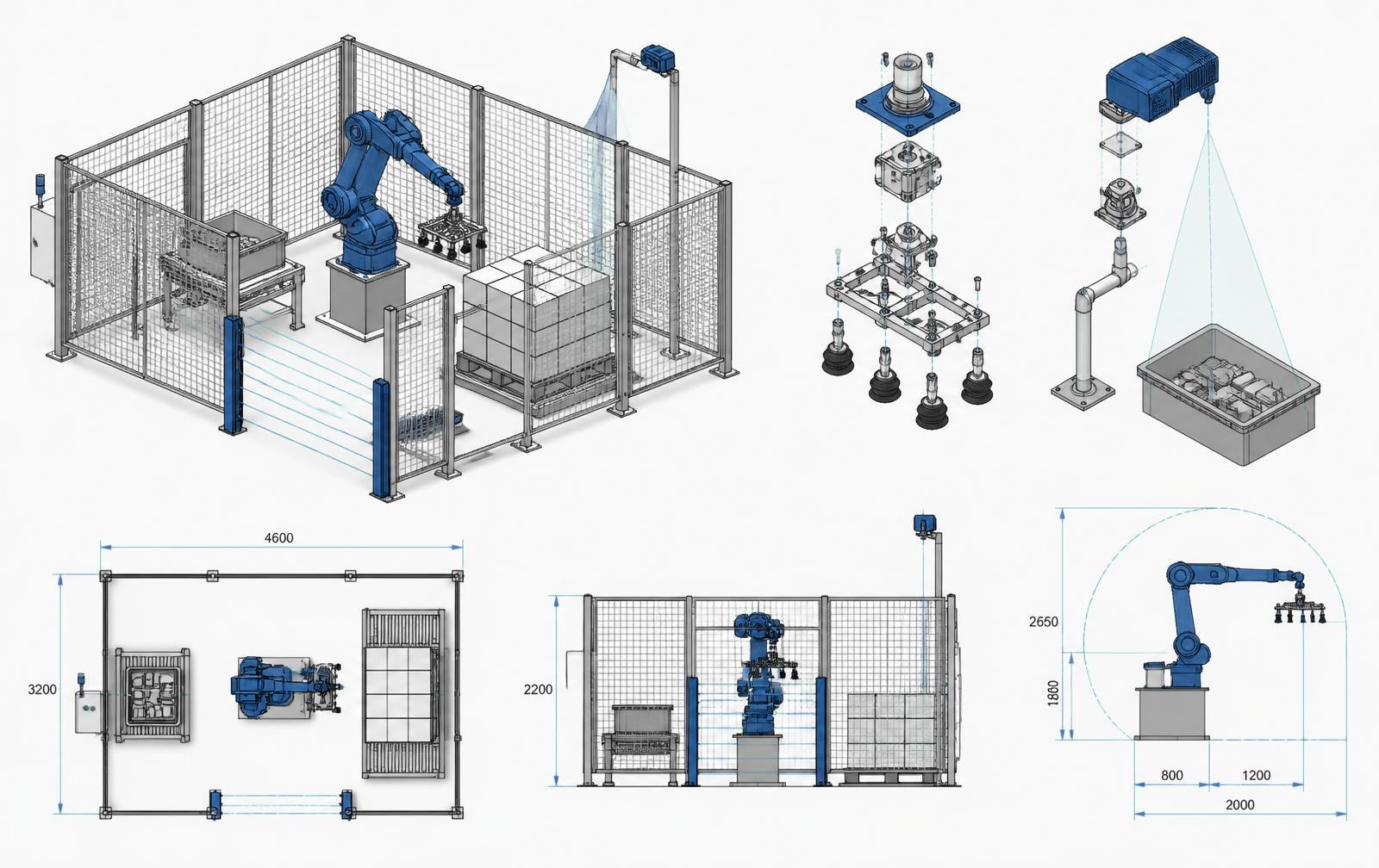 Technische Konstruktionszeichnung einer Roboterzelle mit Schutzeinrichtungen, Greifer und Palettierstation