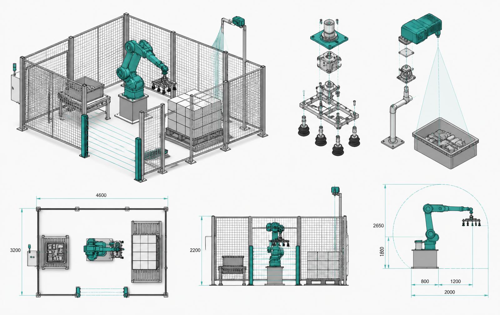 Technische Konstruktionszeichnung einer Roboterzelle mit Schutzeinrichtungen, Greifer und Palettierstation