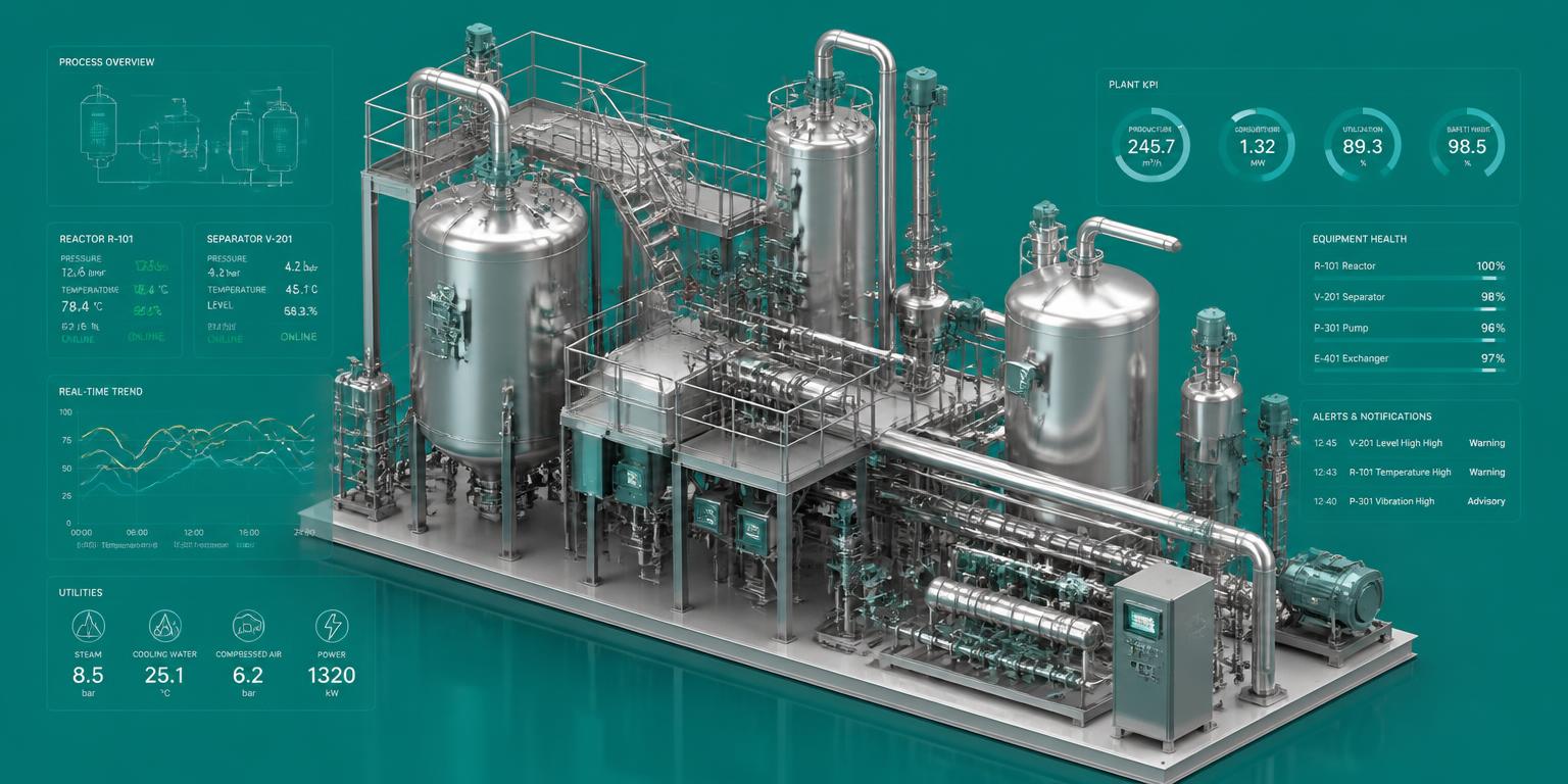 Process Intelligence Dashboard über einer industriellen Anlage